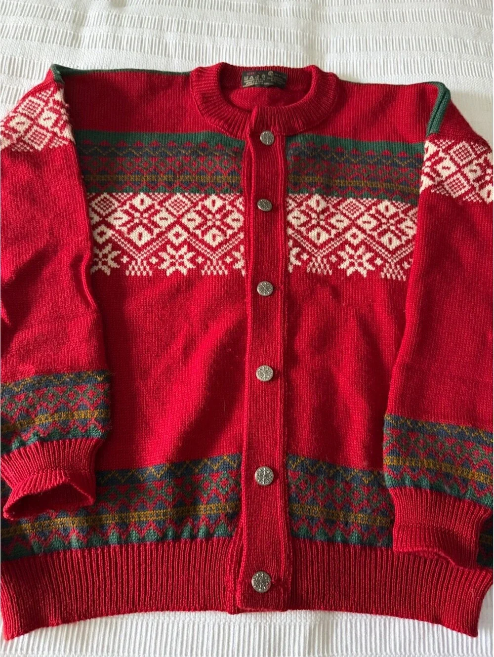 NORDSTRIKK Norway Wool Fair Isle Cardigan Sweater Large Ski Snowflake Red Green
